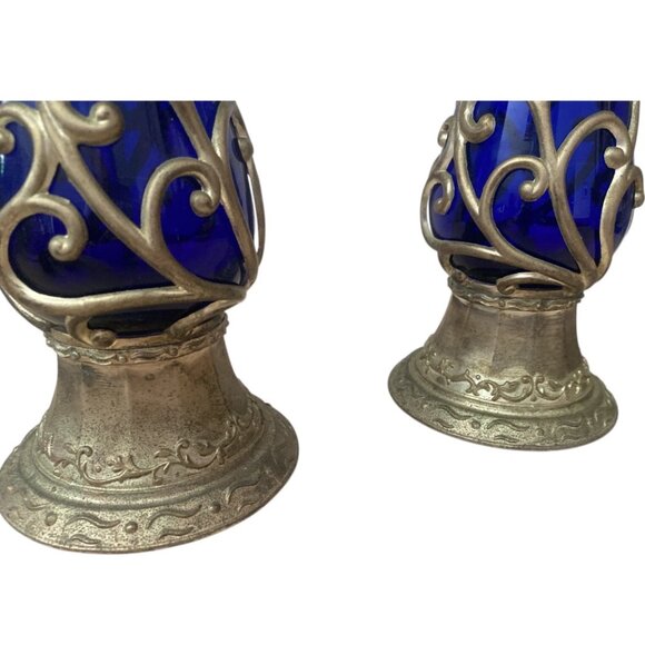 Pair of 10" Cobalt Blue Glass Candle Holders with Brass Filigree Design - Picture 6 of 7
